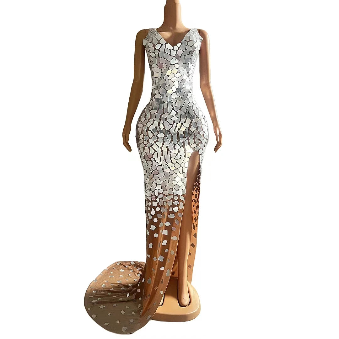 Boutique HOT SALE Luxury Mirror Glitter Sparkly Silver Crystal Sequin Celebrities Red Carpet Wedding Guest Mermaid Sexy Dress Night Clubwear Prom Business Dinner Gown Ladies Luxury Apparel Supplies