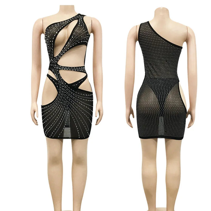 NEW Arrivals Khaki/Red/Orange S-2XL Asian Size Rhinestones Cut Out One Shoulder Bodycon Dress Women Summer Mini Sexy Sparkly Mesh Birthday Evening Beach Party Night Clubwear Dress