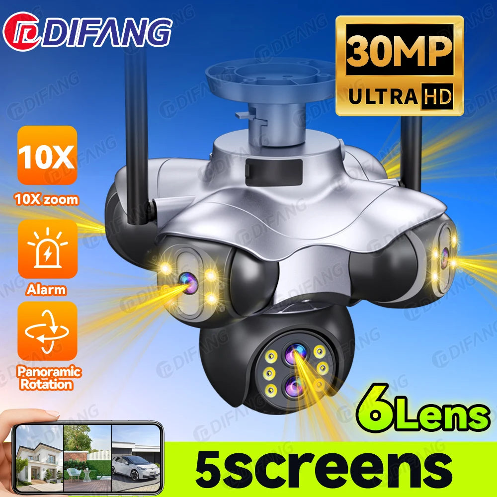 Home Villa New Design 6 Lens 5 Screens PTZ Security Wi-Fi Camera 10X Zoom Full Color Night Vision Intrusion Alarm Outdoor Wireless CCTV Camera Anti-Theft System Home Security Supplies