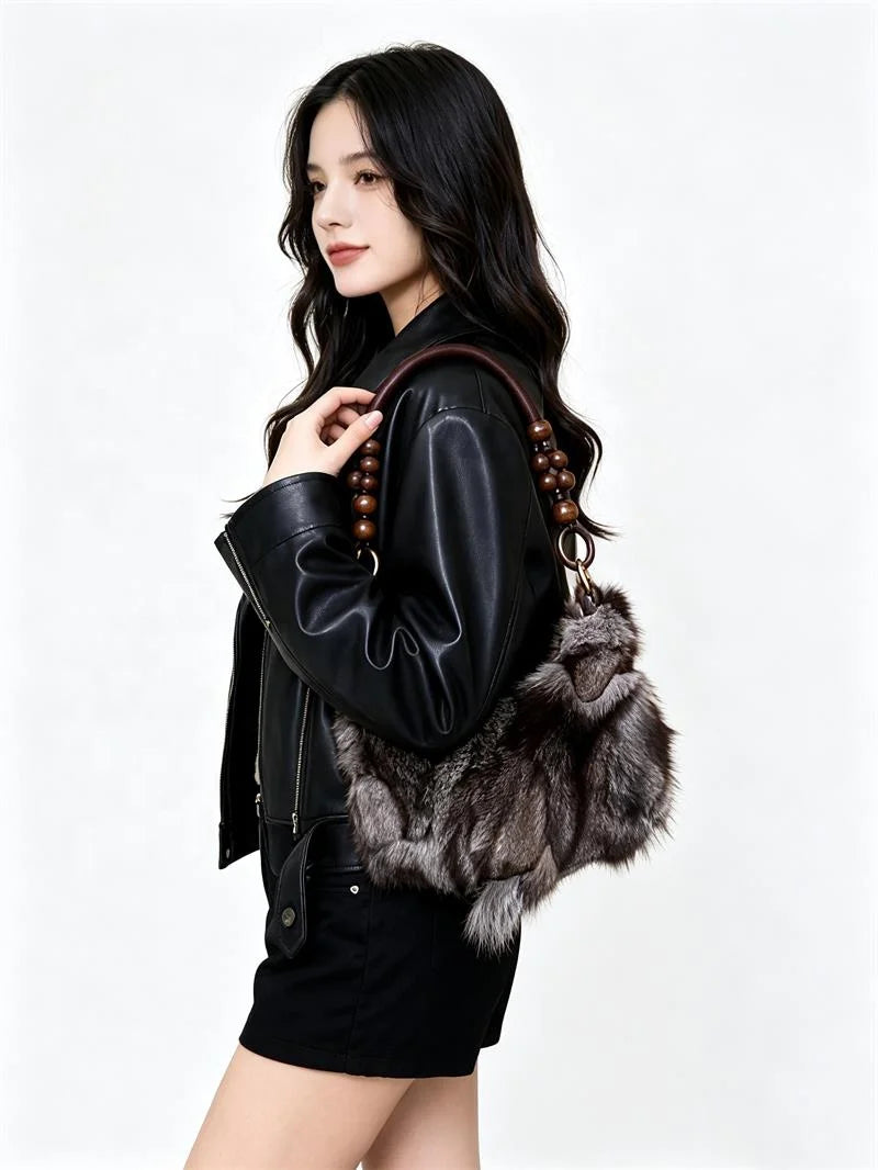 NEW Fashion Artificial Fox Fur Patchwork Underarm Bag Wooden Beaded Strap Women Fluffy Shoulder Purse Eco Faux Fur Handbag Women Apparel Accessories