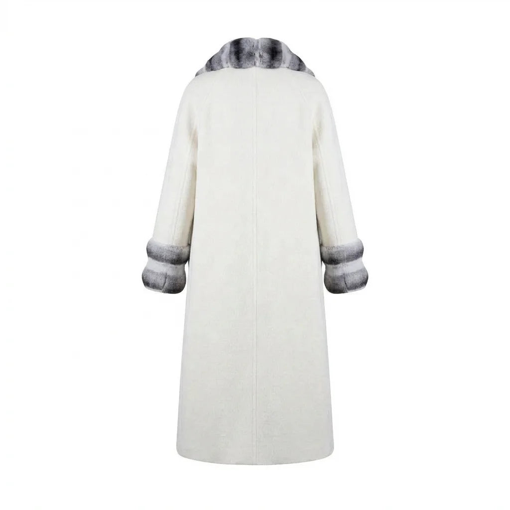 Black/White Color Luxury Women Winter Full Length Faux Fur Coat Elegant Chinchilla Fur Collar Warm Long Overcoat Eco Women's Faux Fur Outerwear Coats Ladies Winter Apparel Supplies