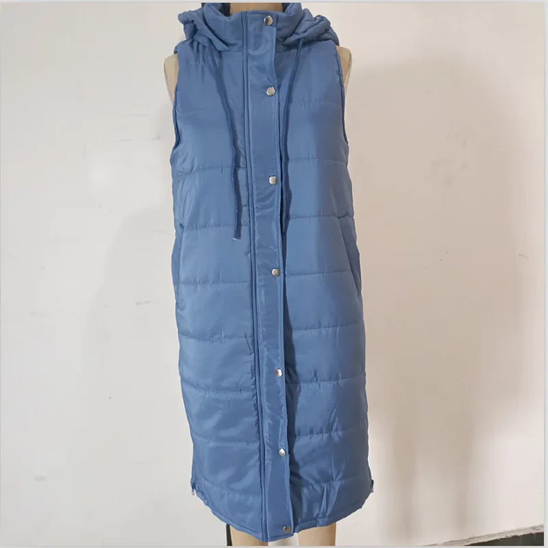 10 Colors S-5XL Plus Size Women's Autumn Spring Solid-Color Hooded Single-Button Mid-Length Cotton Long  Vest Coat Cardigan Outerwear Top  Fashion Women Casual Apparel Supplies
