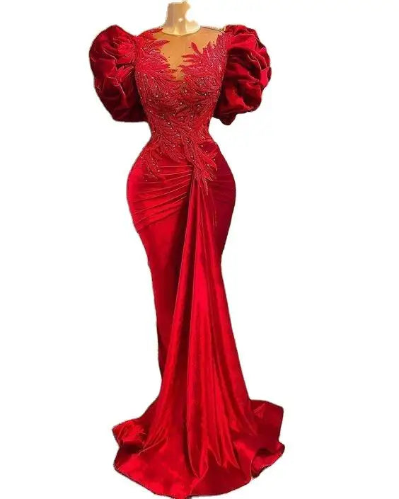 Mother of Bride Luxury Dubai Fashion Plus Size  Red Elegant Mermaid Lace Applique Beaded Mermaid Women's Evening Wedding Prom Party Dress Celebrities Red Carpet Formal Gowns Ladies Luxury Clothing Supplies
