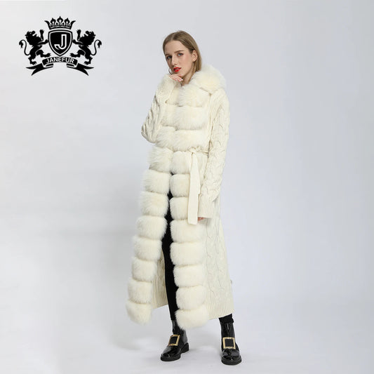 4 Colors Siberian -30"C Popular Women's Natural Real Fur Coat Long Ladies Real Fox Fur Coat Fur Sweater Hooded 120-125cm Length Knit Cardigan Ladies Winter Fashion Apparel Supplies