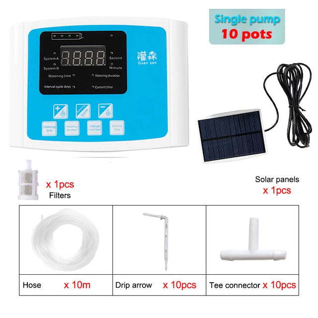 NEW Arrivals Garden Drip Irrigation Device Double Pump Controller Timer System, Solar Energy Intelligent Automatic Watering Device for Plants Trees Flowers Garden Watering Accessories