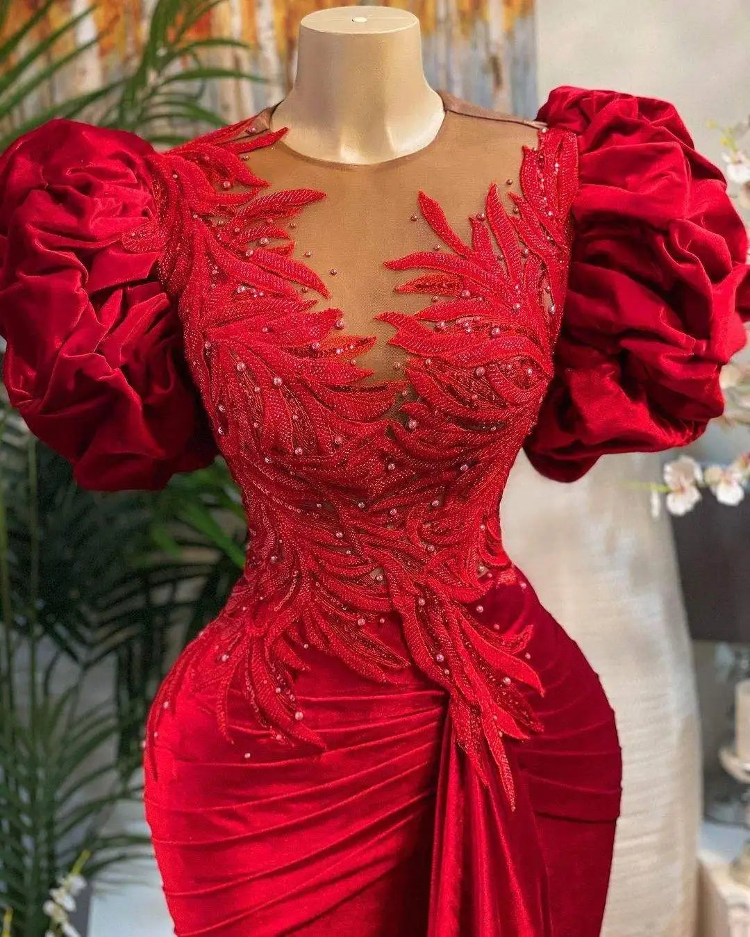 Mother of Bride Luxury Dubai Fashion Plus Size  Red Elegant Mermaid Lace Applique Beaded Mermaid Women's Evening Wedding Prom Party Dress Celebrities Red Carpet Formal Gowns Ladies Luxury Clothing Supplies