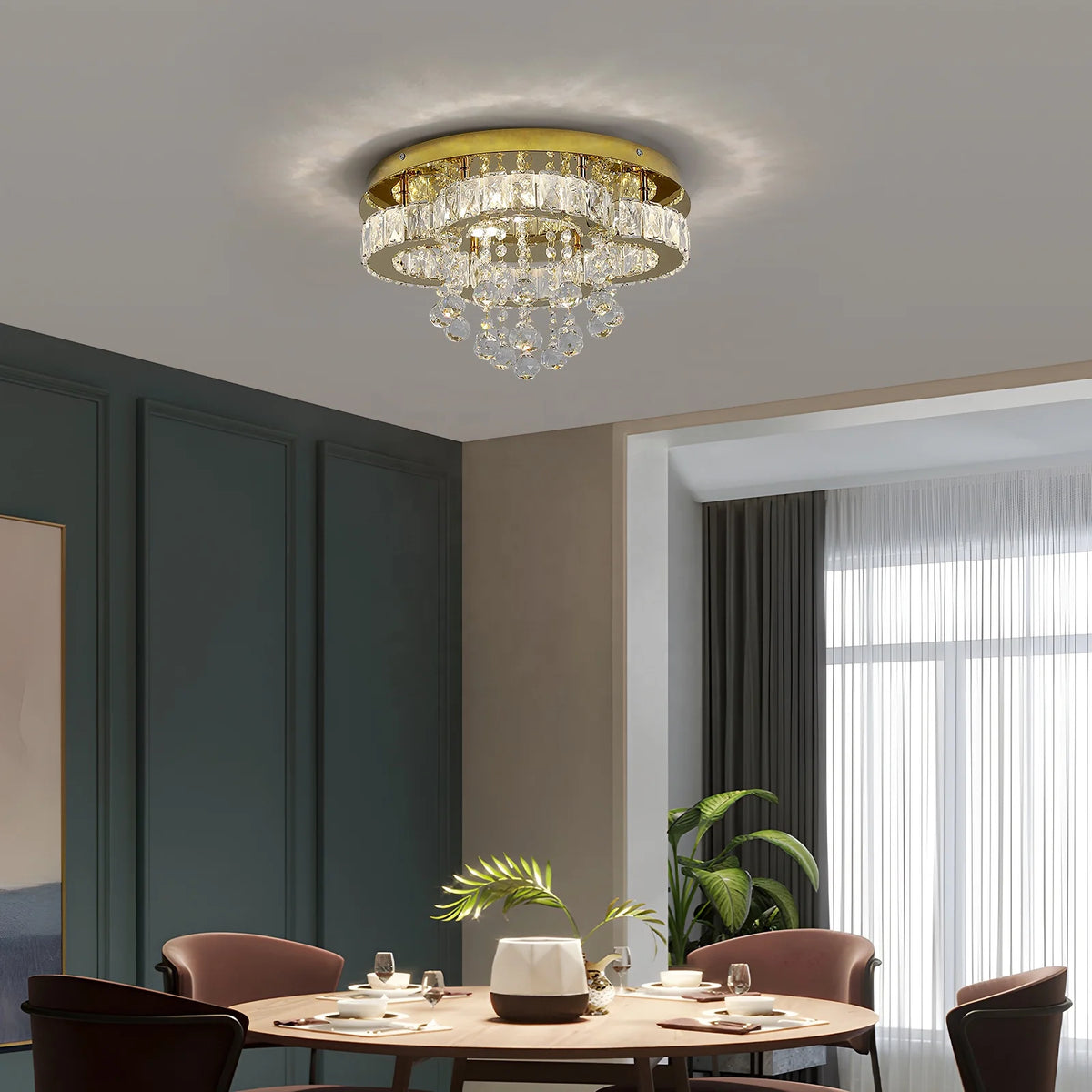 HOT SALE Villa Home Living Room Luxury Crystal Golden Stainless Steel Base LED Dimmable Crystal Ceiling Light Lamp for Apartment Bedroom Chandelier Remote Switch Control Home Lighting Supplies
