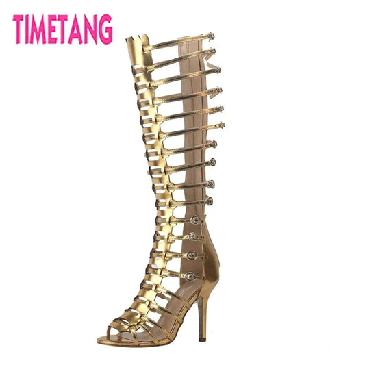 New Design Italian Rome Buckle Narrow Bands Open Toe High Heel Sexy Gladiator Sandal Boots Women Knee High Shoes