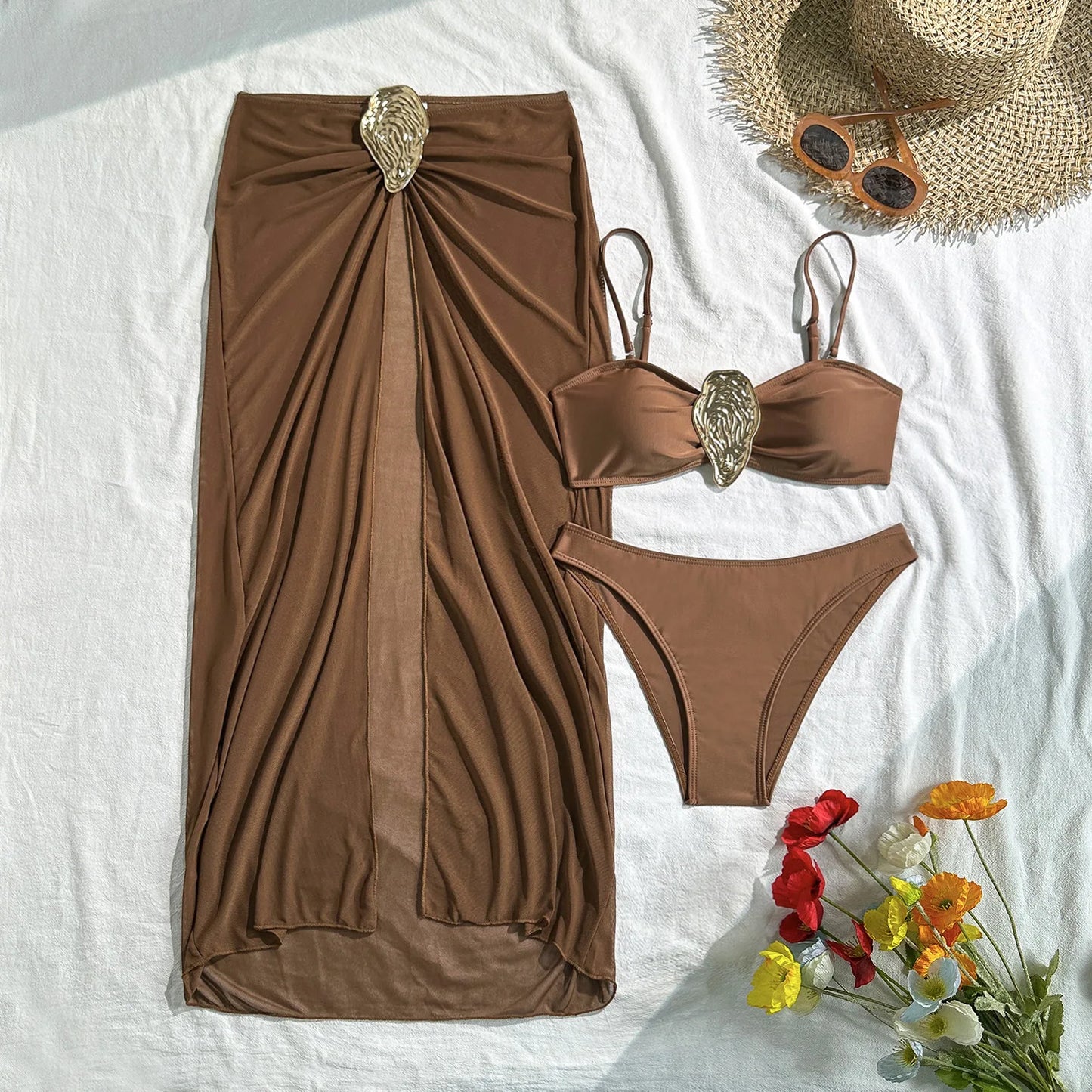 NEW Arrivals 3 PCS Set Black/White/Brown/Red Color Bandeau Top Women Swimwear Brazilian Bikini and See Through Skirt Cover Up S-L Size Summer Vacation Beachwear Swimming Pool Ladies Bathing Apparel Supplies