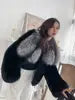 Real Natural Fox Fur Black & White Color S-2XL Luxury Winter Warm Real Cropped Fox Fur Coat Women With Big Silver Fox Fur Collar Evening Business Party Prom Ladies Luxury Apparel Supplies
