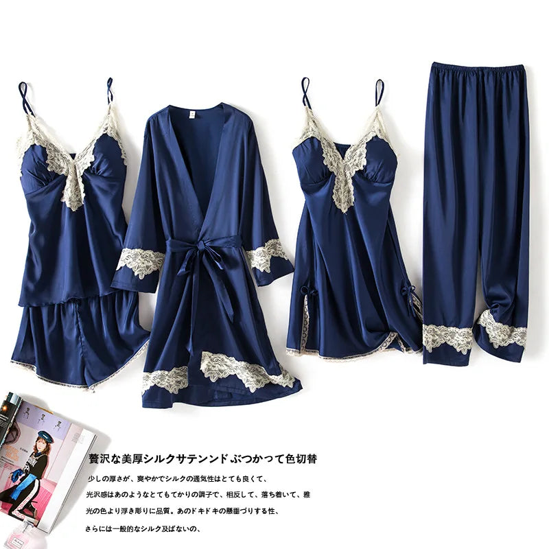 Low-Price Sales are Limited NEW Arrivals Summer 5 Pcs Set Women Pajamas Satin High Quality Sexy Leopard Sleepwear With Chest Pad Pajamas Suit Girls Ladies Luxury Fashion Lingerie Apparel Products