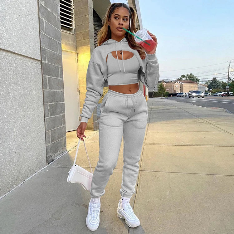 3 PCS Set 10 Colors S-2XL  Autumn Winter Fashion Women Set Custom Fleece Jogger Set Hoodie Vest Pants Tops Outdoor Hiking Tracksuit Leisure Set Streetwear Sports Clothing Supplies