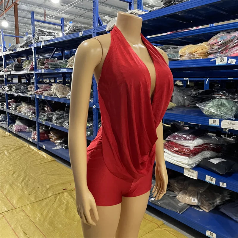 Hot Sexy Woman S-2XL Halter Backless Jumpsuit Sexy Deep V-Neck Rompers Bodycon  New Summer Evening Beach Party Night Clubwear One Piece Romper Short Jumpsuit Bodysuit