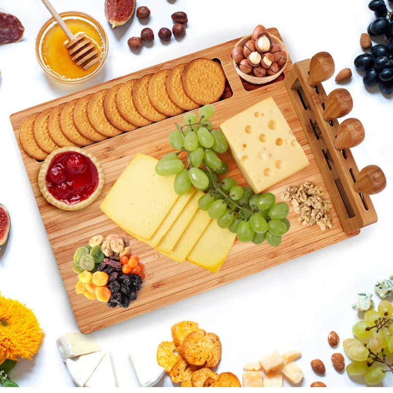 Just Arrived  Bamboo Cutting Board Meat and Cheese Platter Charcuterie Top Quality Board Bamboo Cheese Board with Knife Holder Kitchenware Accessories Cooking Tools