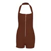 Black/White/Brown Color Summer Casual Fitness Knitted Sexy Slim Halter Zipper Skinny Above Knee Women's Jumpsuit Pure Color Backless Evening Beach Party Night Clubwear Prom Sexy Outfits