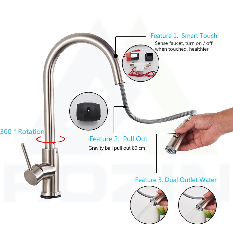 Smart Sensor Touch Kitchen Faucet Brushed Gold Pull Out Sensor Faucets Black/Nickel 360 Rotation Crane 2 Outlet Water Mixer Taps