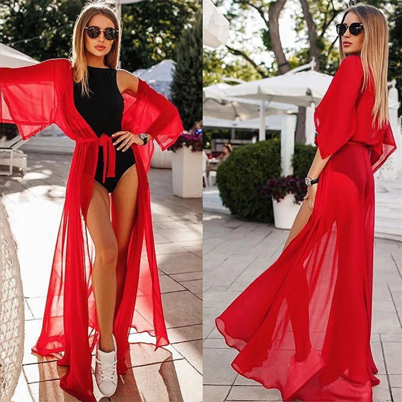 Summer Lady Beach Cover Up Sexy Bikini Chiffon Long Dress For Women Solid Beach Dress Women Bathing Suit Beach Tunic Kaftan