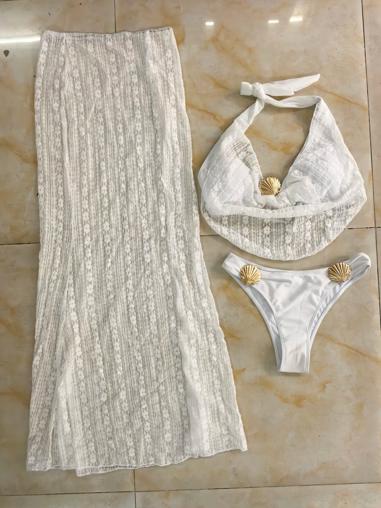 3 PCS Set Women Sexy Swimwear Deep V-NECK Brazilian Bikini and Cover Ups Long Skirt Set Shell Swimsuit S-XL Ladies Beachwear Summer Bathing Apparel Suits Clothing Supplies