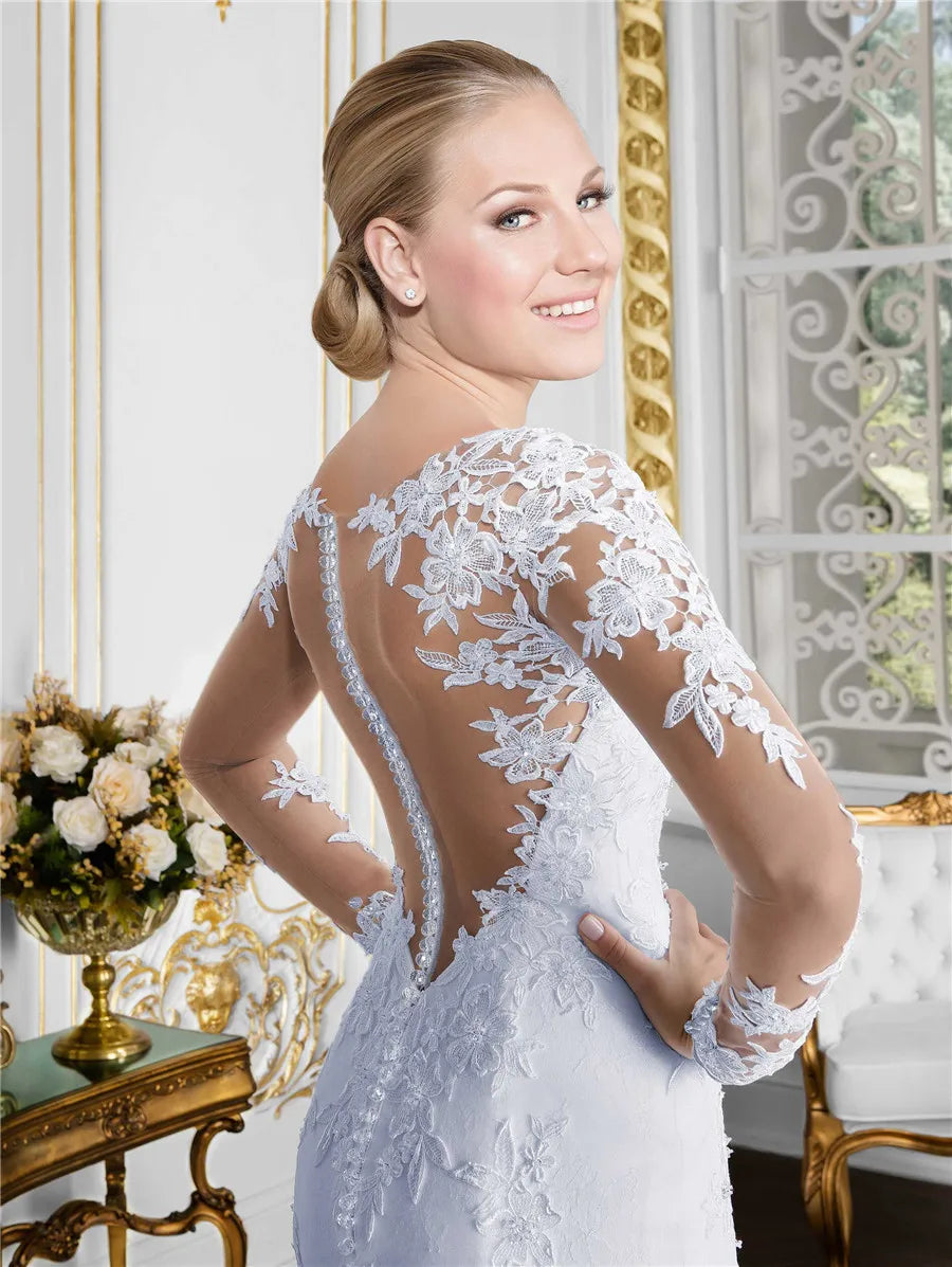 NEW Arrivals O-Neck Long Sleeve Mermaid See Through Illusion Back Bridal Gowns Plus Size Wedding Dresses Bride's Evening Prom Party Bridal Luxury Gowns
