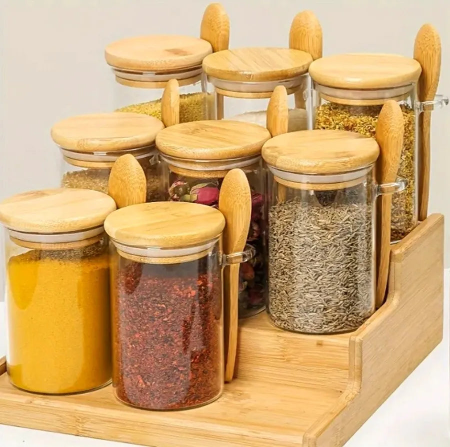 4-8 PCS + Bamboo Spoons Set Wide Mouth Glass Airtight Lid Spice Coffee Containers Glass Tea Canister Set Food Storage  Home Cooking Tools Sets Kitchenware Supplies