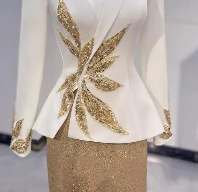 Mother of Bride White & Gold Luxury Blazer-Style Dress Embroidered Sequined Mermaid Floor-Length Vintage Evening Wedding Party Business Dinner Gown Ladies Luxury Apparel Supplies
