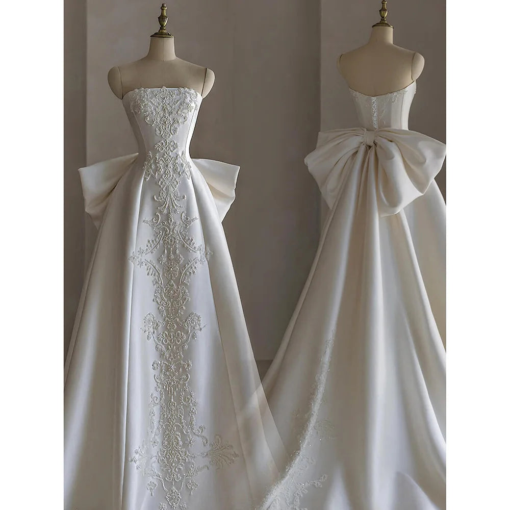 Low Price Sales are Limited Boutique HOT SALE Luxury Satin Bride Strapless Satin Bridal Gowns Large Size S-5XL  Bow Wedding Luxury Dresses