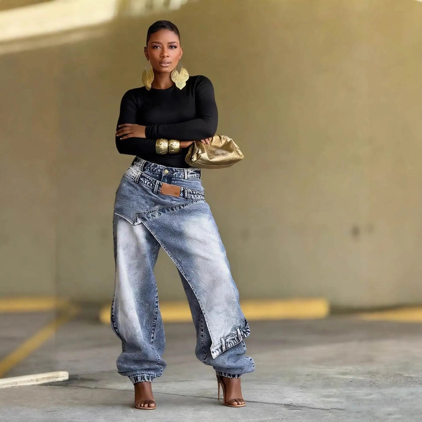 TikTok Most Popular S-3XL Autumn Spring  Deconstructed Patchwork Layered Cotton Denim Wide Leg Pants Avant-Garde Asymmetrical High Waist Urban Streetwear Trousers Women Casual Clothing Supplies