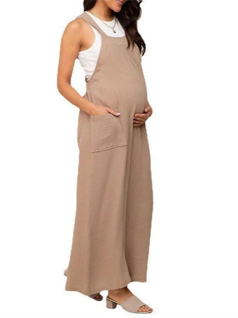 Blue/Black/Khaki Color Women's Casual Maternity Clothing Loose Sleeveless Straps Wide Leg Jumpsuits Pockets for Pregnant Women Overalls for Comfortable Outfits Female Pregnancy Clothing Supplies