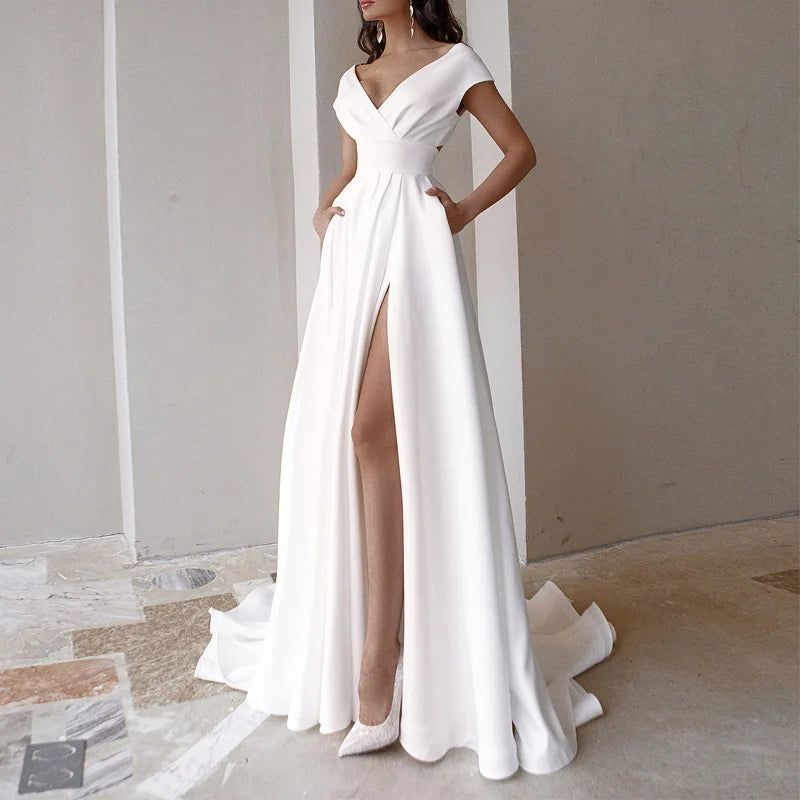 5 Colors Women Sexy V-Neck Evening Party Night Clubwear Long Maxi Dress Solid Elegant Sleeveless High Slit Dress Lady Fashion Off Shoulder Pleated Gown Ladies Sexy Apparel Supplies
