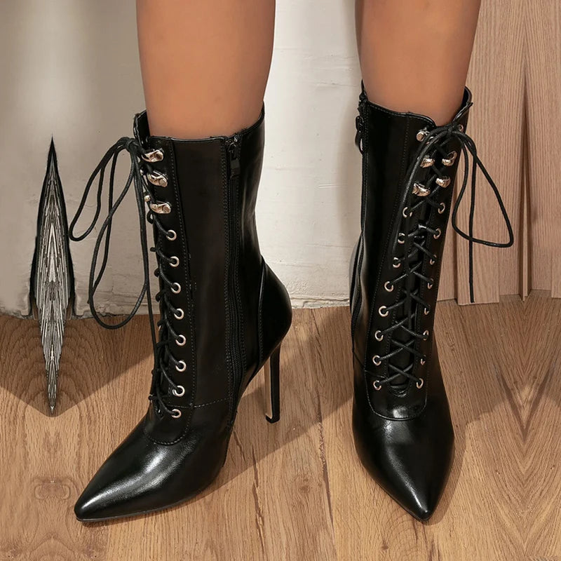 Autumn Winter Women Ankle Boots Sexy Pointed Toe Pole Dance High Heels Pumps Fashion Zip Lace-Up Chelsea Shoes Female Size 37-43