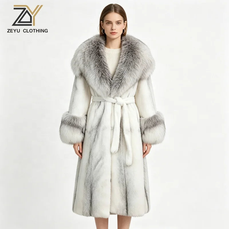Black/White Color Women's Elegant Thick Woven Plush Artificial Fur Coat Big Lapel Fox Collar Belt Waist Long Winter Warm Eco-Friendly Plain Dyed Outerwear Windproof Long Jackets Ladies Winter Apparel Supplies.