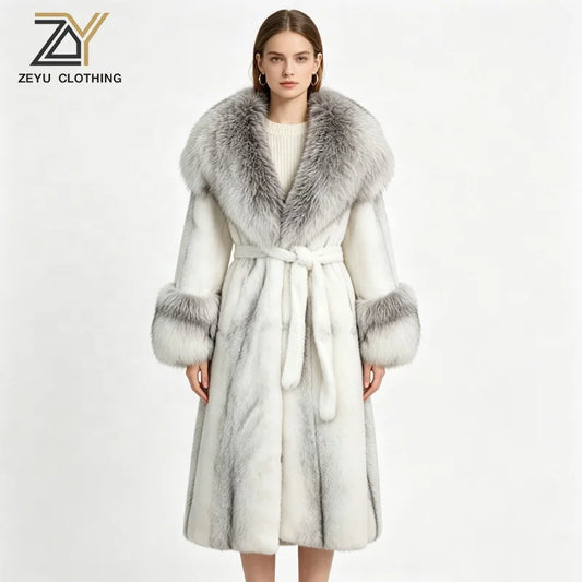 Black/White Color Women's Elegant Thick Woven Plush Artificial Fur Coat Big Lapel Fox Collar Belt Waist Long Winter Warm Eco-Friendly Plain Dyed Outerwear Windproof Long Jackets Ladies Winter Apparel Supplies.