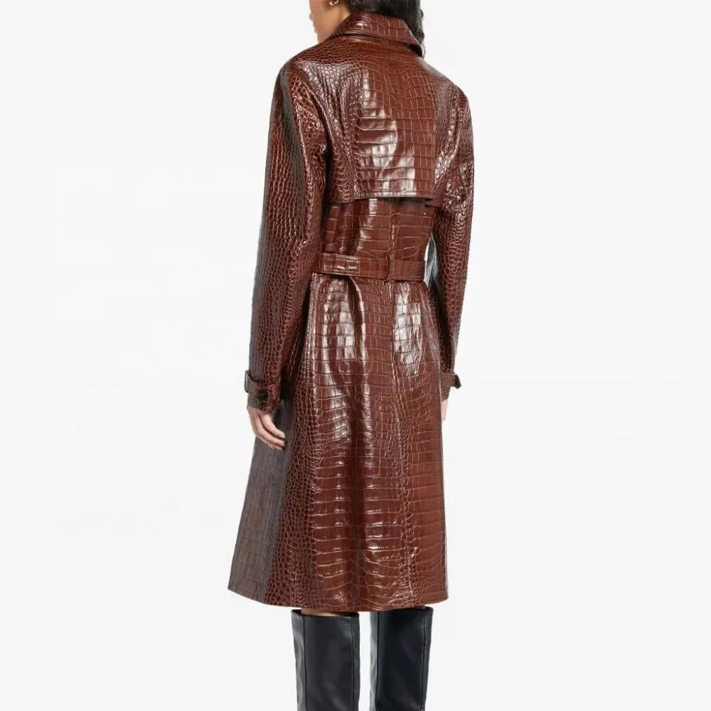 NEW Top Quality Women's Elegant Lace-Up PU Leather Windbreaker Leather Trench Coats Long Winter Outerwear Long Jackets for Night Club Prom Evening Party Ladies Luxury Apparel Supplies