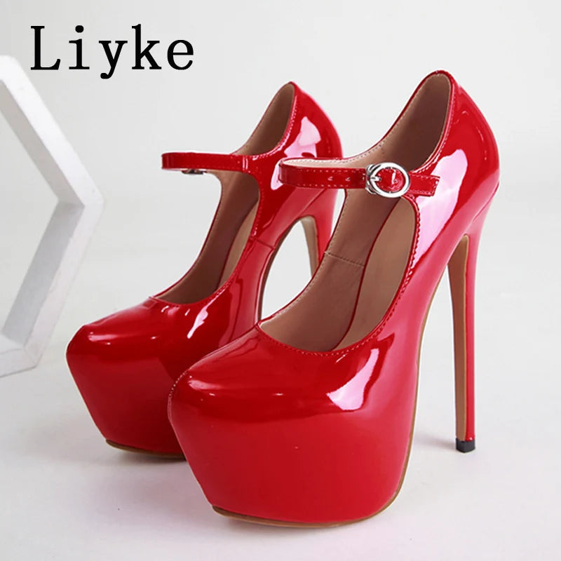 Spring Autumn Women Platform Pumps Black Round Toe Buckle Strap 17CM Super High Heels Pole Dance Shoes Stiletto Mujer