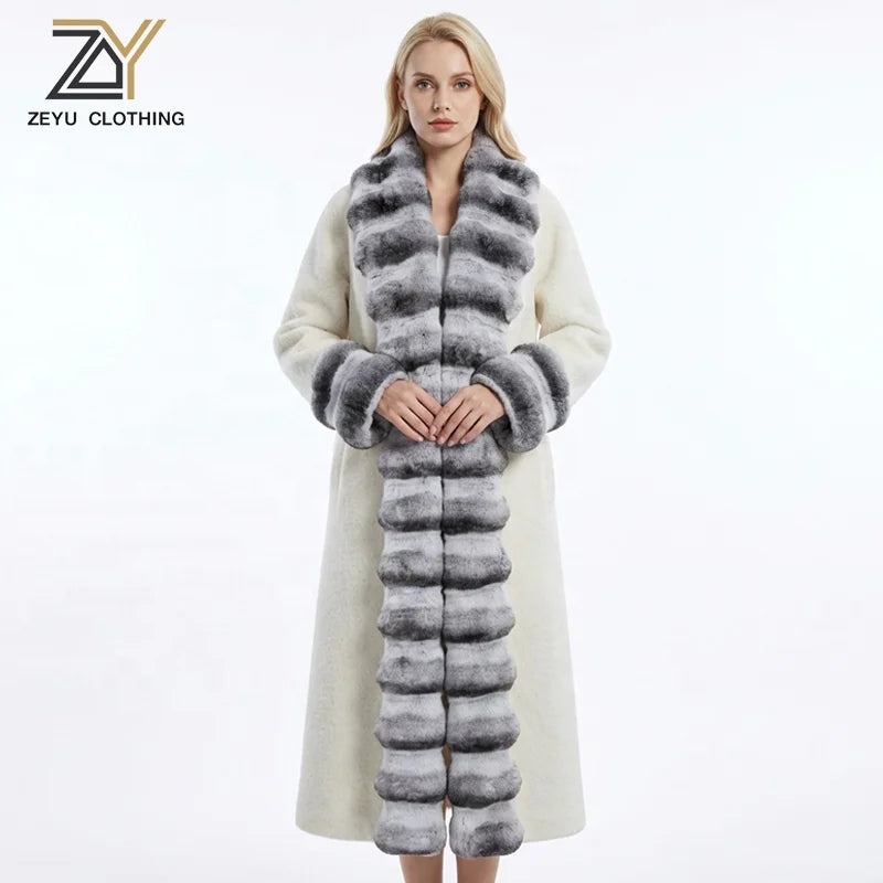 Black/White Color Luxury Women Winter Full Length Faux Fur Coat Elegant Chinchilla Fur Collar Warm Long Overcoat Eco Women's Faux Fur Outerwear Coats Ladies Winter Apparel Supplies