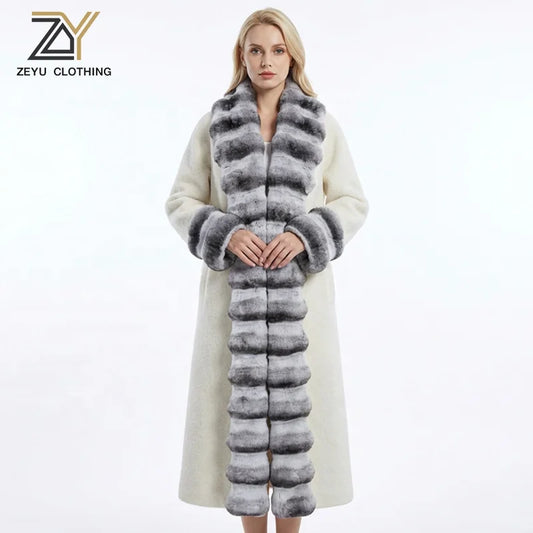 Black/White Color Luxury Women Winter Full Length Faux Fur Coat Elegant Chinchilla Fur Collar Warm Long Overcoat Eco Women's Faux Fur Outerwear Coats Ladies Winter Apparel Supplies