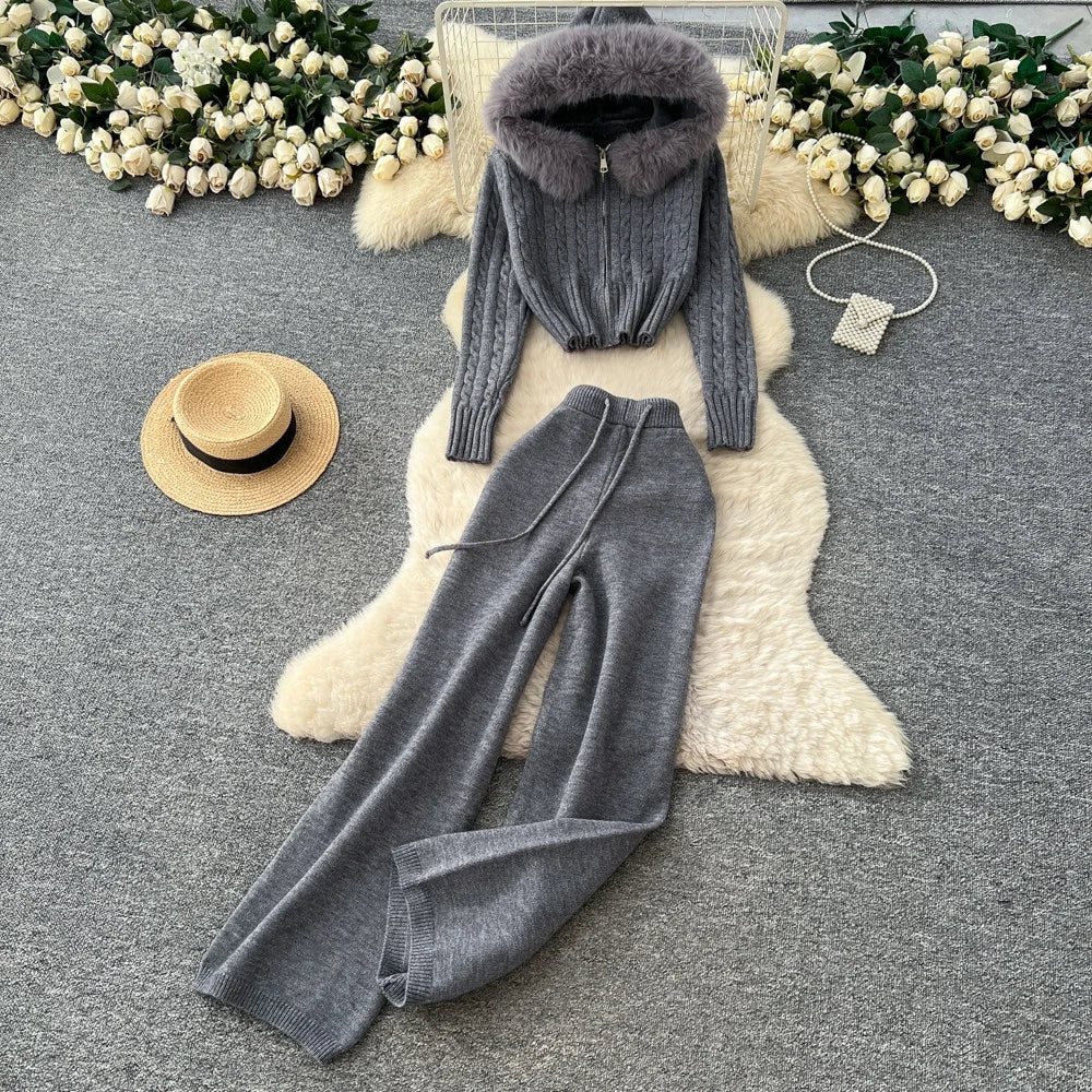 2 PCS Set Apricot/Gray Color Women's Sweat Suits Furry Trim Cropped Hooded Knit Top and Wide-Leg Sweater Pants Set Autumn Winter Warm Outdoor Sport Activities Home Loungewear Ladies Clothing Supplies