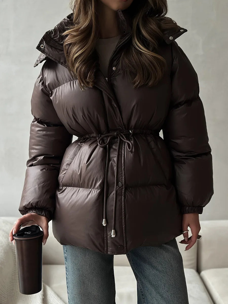 NEW Arrivals 4 Colors Women's Winter Waterproof Parka Mid-Length Soft Drawstring Waist Hooded Puffer Jacket  White Loose Warm Coat Snow Outerwear Jackets Women Winter Apparel Supplies.