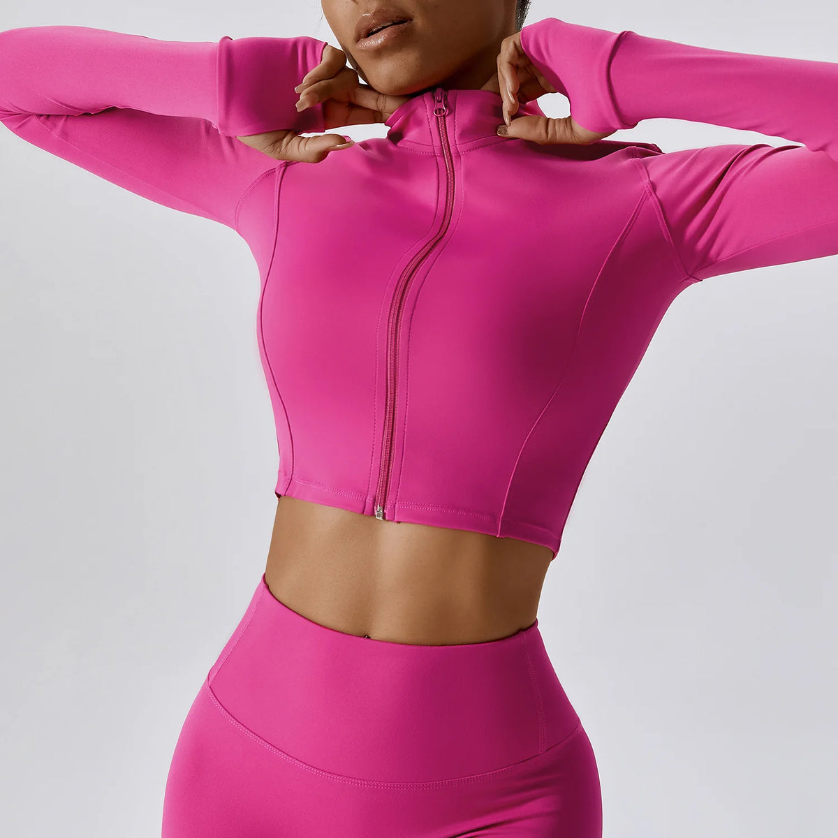 Women Yoga Workout Clothes Sports Gym Legging Seamless Fitness Zip Long Sleeve Crop Top Yoga Suit Sportswear Workout Women Sports Apparel Supplies
