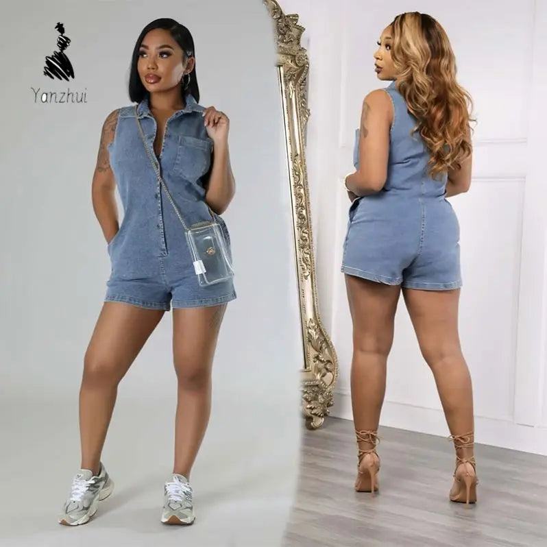 NEW Arrivals Sexy Denim  S-2XL Summer Boutique Fashion Denim Jeans Sleeveless One Piece Playsuit Jumpsuit Women Streetwear Casual Clothing Supplies