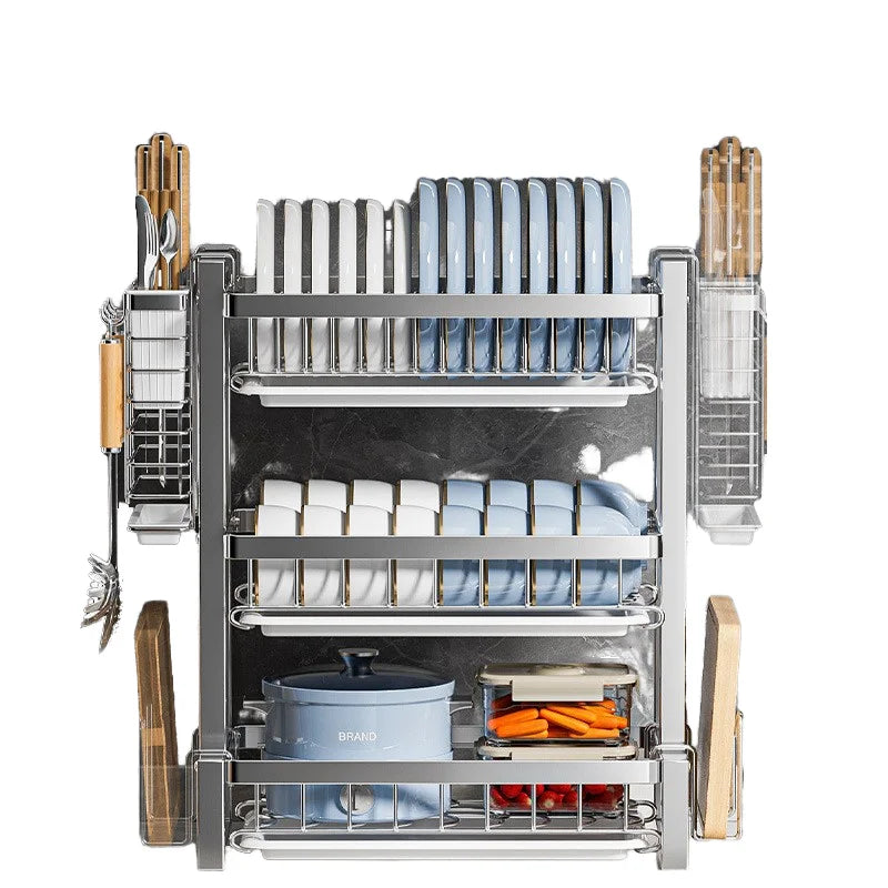 Double-Layer Stainless Steel Dishes Plates Storage Rack Kitchen Countertop Rustproof Folding Drain Rack Countertop Dryer Dish Organizer Kitchenware Supplies