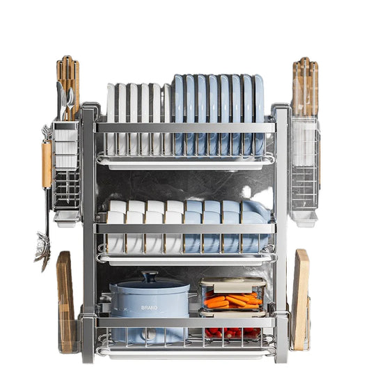 Double-Layer Stainless Steel Dishes Plates Storage Rack Kitchen Countertop Rustproof Folding Drain Rack Countertop Dryer Dish Organizer Kitchenware Supplies