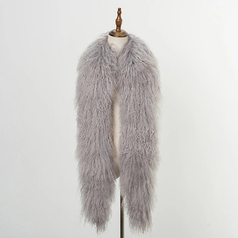 175cm Long 4 Colors Top Quality Mongolian and Tibet 100% Natural Sheep Fur 175cm Big Shaggy Scarf Double-Sided Long Thickened Winter Whole Skin Real  Fur Collar Evening Business Party Prom Ladies Luxury Apparel Accessories.