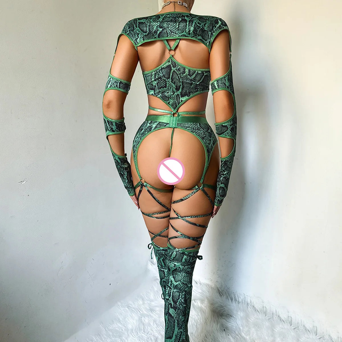 5 PCS Set Women's Sexy Hollow Out Snakeskin  Print Strappy Lingerie Cosplay  Costume  Underwire Bodysuit with Garters Shrug Stockings Sexy Lingerie Suit