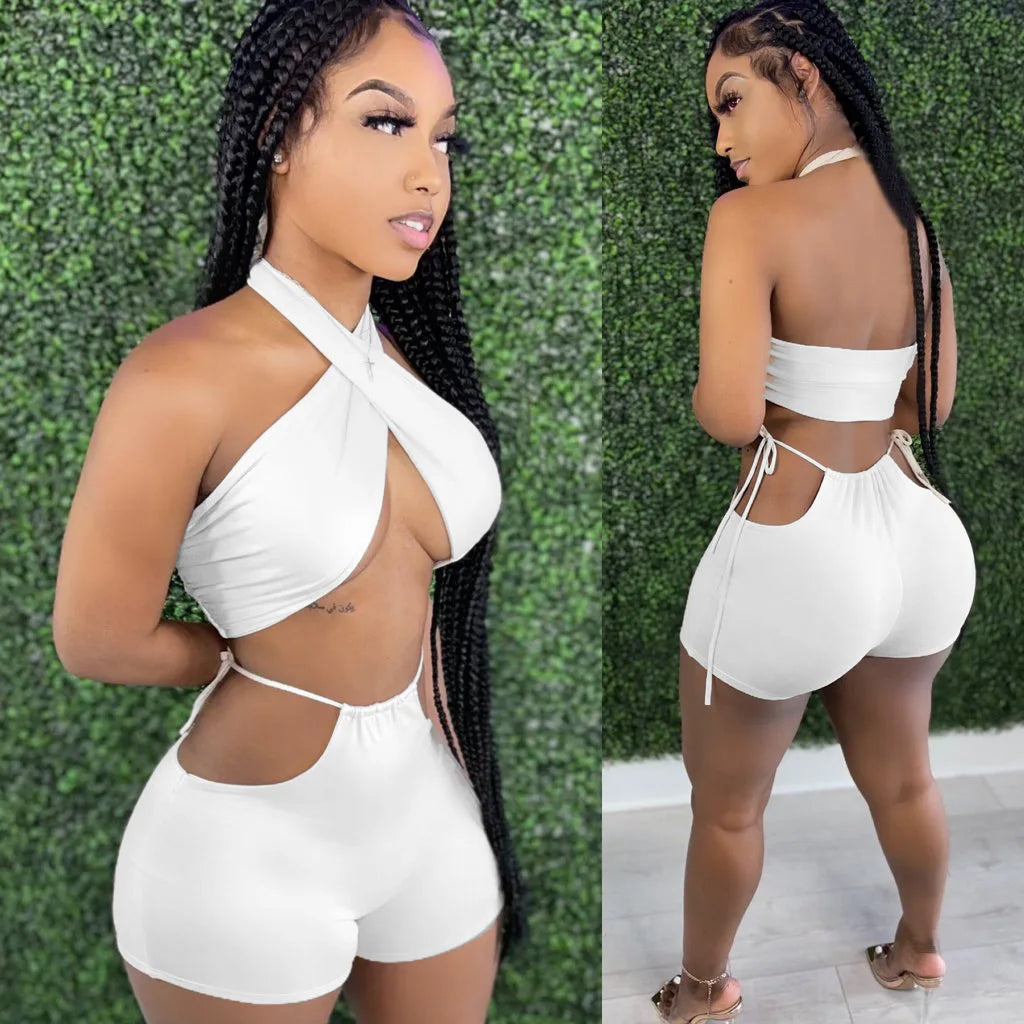 NEW Arrivals 2PCS Set 9 Colors Women Sexy Ruched Bandage Criss Cross Solid Hot Women Spring Summer Backless Evening Beach Party Night Club Crop Top and Shorts Matching Set