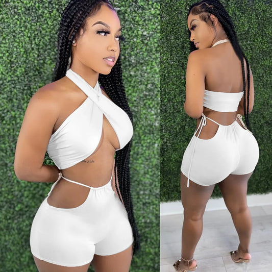 NEW Arrivals 2PCS Set 9 Colors Women Sexy Ruched Bandage Criss Cross Solid Hot Women Spring Summer Backless Evening Beach Party Night Club Crop Top and Shorts Matching Set