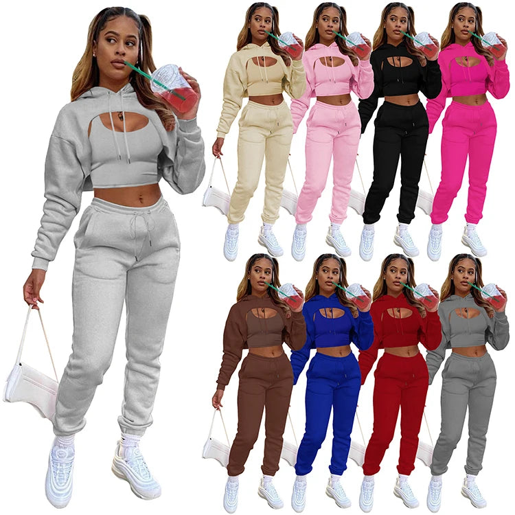 3 PCS Set 10 Colors S-2XL  Autumn Winter Fashion Women Set Custom Fleece Jogger Set Hoodie Vest Pants Tops Outdoor Hiking Tracksuit Leisure Set Streetwear Sports Clothing Supplies