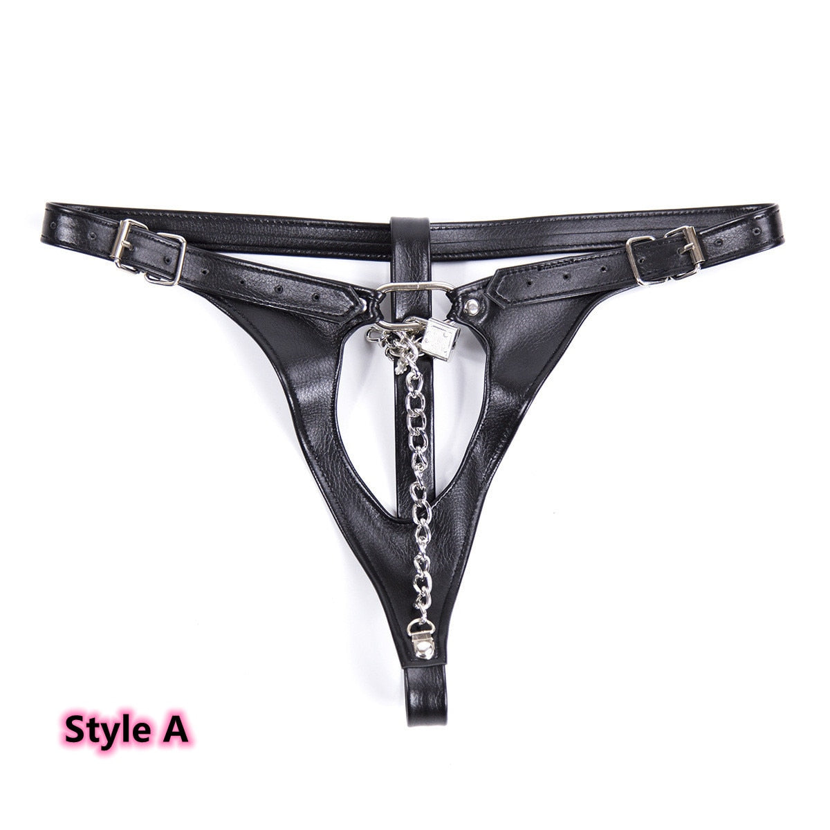 Women Erotic Sexy Costumes of Leather Low Rise Thongs and G Strings with Metal Chain for Couples Fetish Sex Crotchless Brief