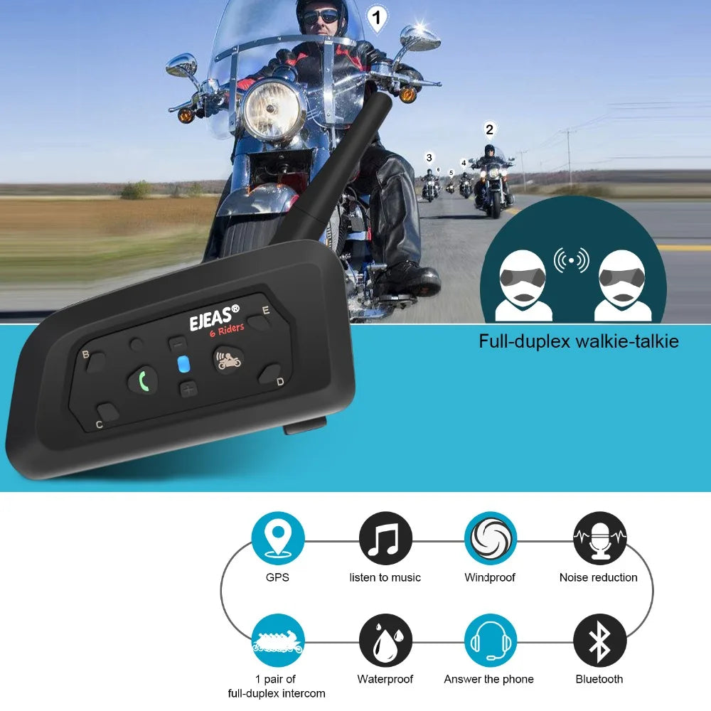 V6 PRO Bluetooth Motorcycle Helmet Intercom Headset with 1200M BT Interphone Communicator for 6 Riders Waterproof