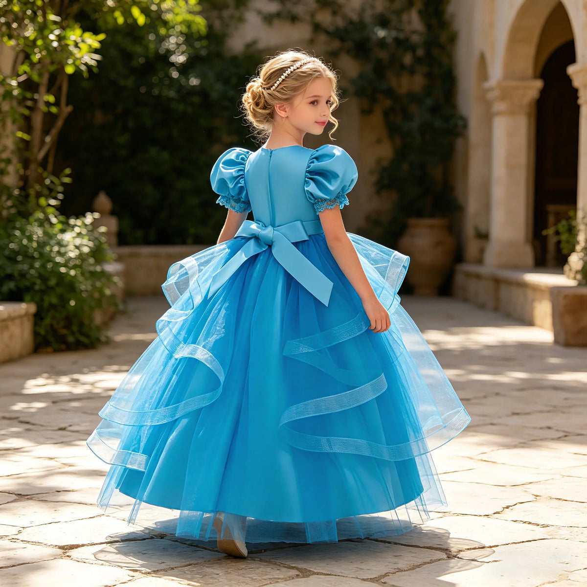 Blue/White/Pink/Red Color Bridesmaid  Girl Flower Dress Princess Evening Birthday Party Ball Gown Puff Sleeve Lace Applique Wedding Prom Party Embroidered Girl Gown Layered Tutu Dress for Girls,